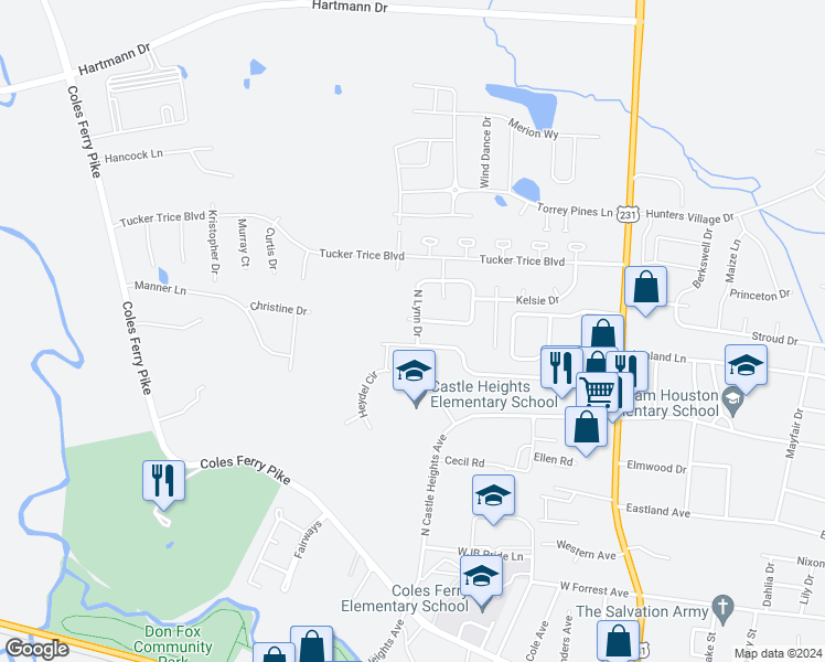 map of restaurants, bars, coffee shops, grocery stores, and more near 1302 North Lynn Drive in Lebanon