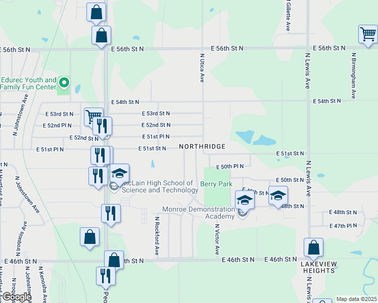 map of restaurants, bars, coffee shops, grocery stores, and more near 1562 E 51st St N in Tulsa