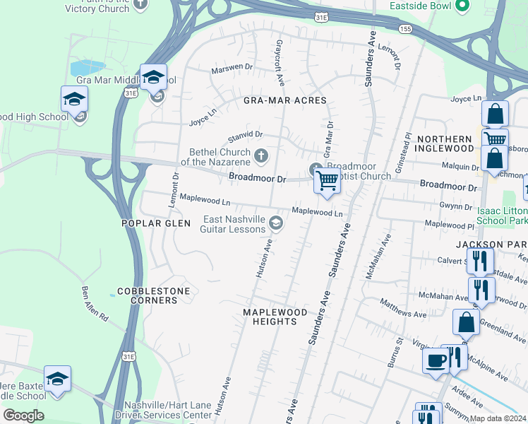 map of restaurants, bars, coffee shops, grocery stores, and more near 620 Maplewood Lane in Nashville