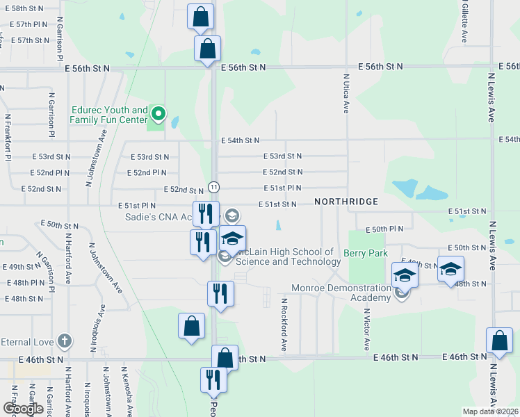 map of restaurants, bars, coffee shops, grocery stores, and more near 1358 East 51st Street North in Tulsa