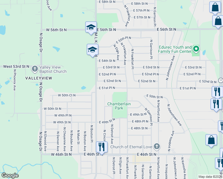 map of restaurants, bars, coffee shops, grocery stores, and more near 260 East 51st Place North in Tulsa