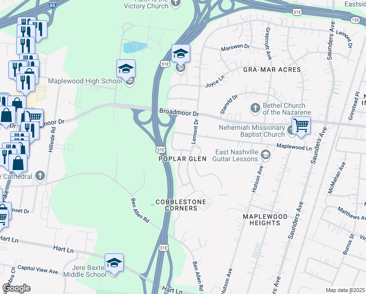 map of restaurants, bars, coffee shops, grocery stores, and more near 710 Maple Place in Nashville