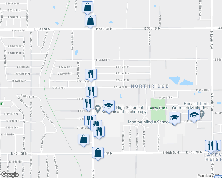 map of restaurants, bars, coffee shops, grocery stores, and more near 1358 East 51st Street North in Tulsa