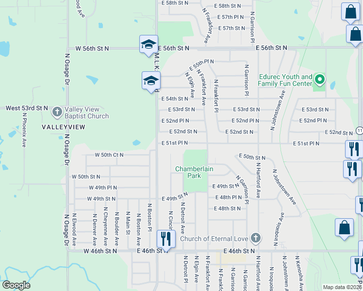 map of restaurants, bars, coffee shops, grocery stores, and more near 260 East 51st Place North in Tulsa