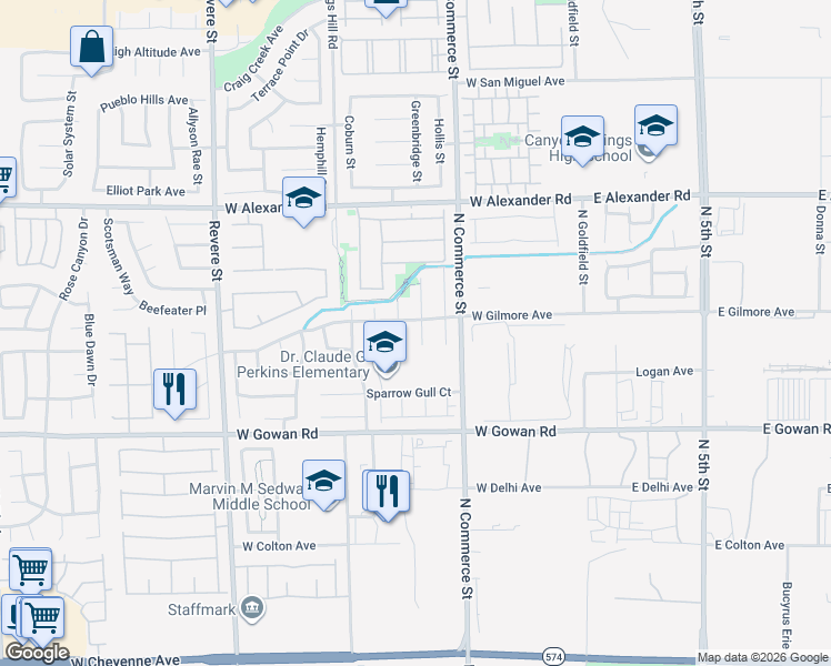 map of restaurants, bars, coffee shops, grocery stores, and more near 3741 Sorrowing Sparrow Court in North Las Vegas