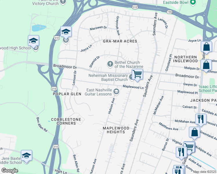 map of restaurants, bars, coffee shops, grocery stores, and more near 616 Maplewood Lane in Nashville