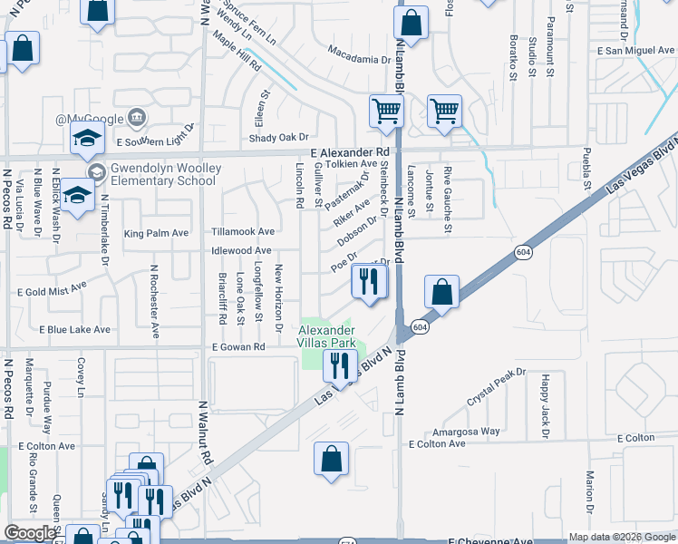 map of restaurants, bars, coffee shops, grocery stores, and more near 4171 Poe Drive in Las Vegas
