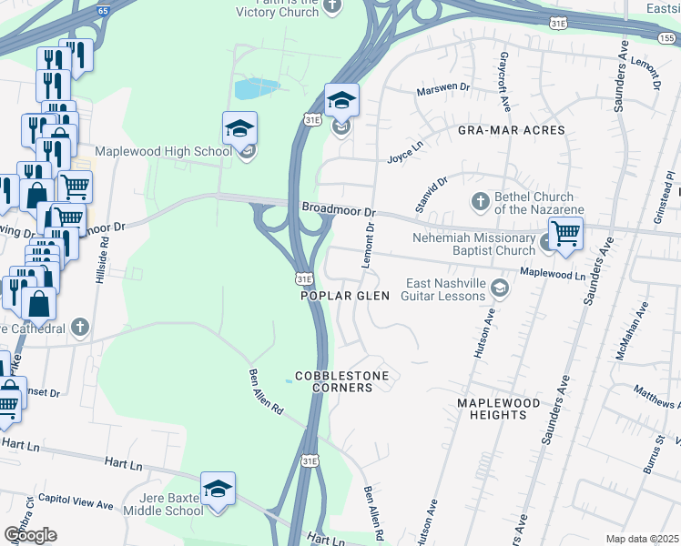 map of restaurants, bars, coffee shops, grocery stores, and more near 710 Maple Place in Nashville