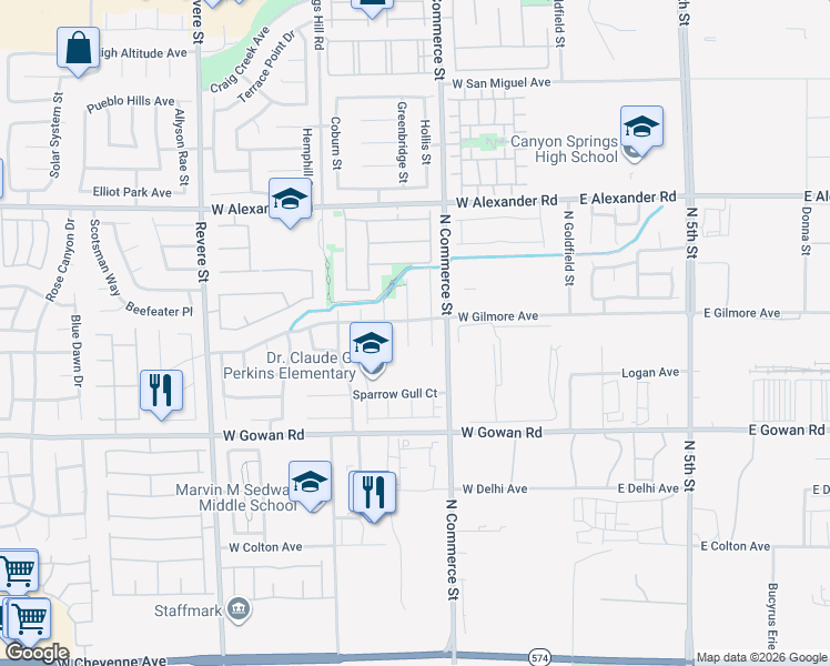 map of restaurants, bars, coffee shops, grocery stores, and more near 3740 Sorrowing Sparrow Court in North Las Vegas