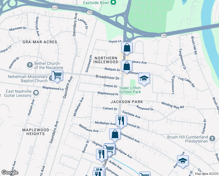 map of restaurants, bars, coffee shops, grocery stores, and more near 1050 Gwynn Dr in Nashville