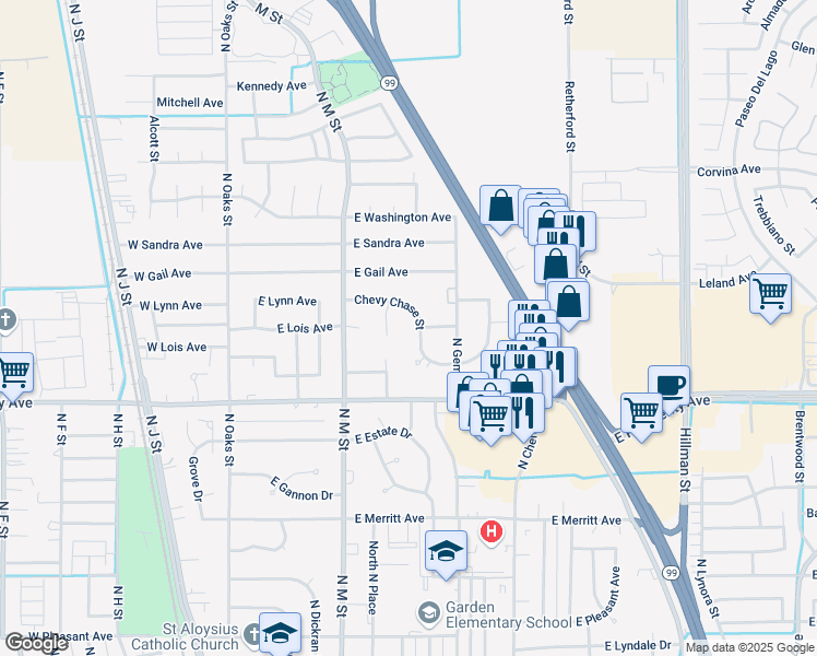 map of restaurants, bars, coffee shops, grocery stores, and more near 501 East Chevy Chase Drive in Tulare