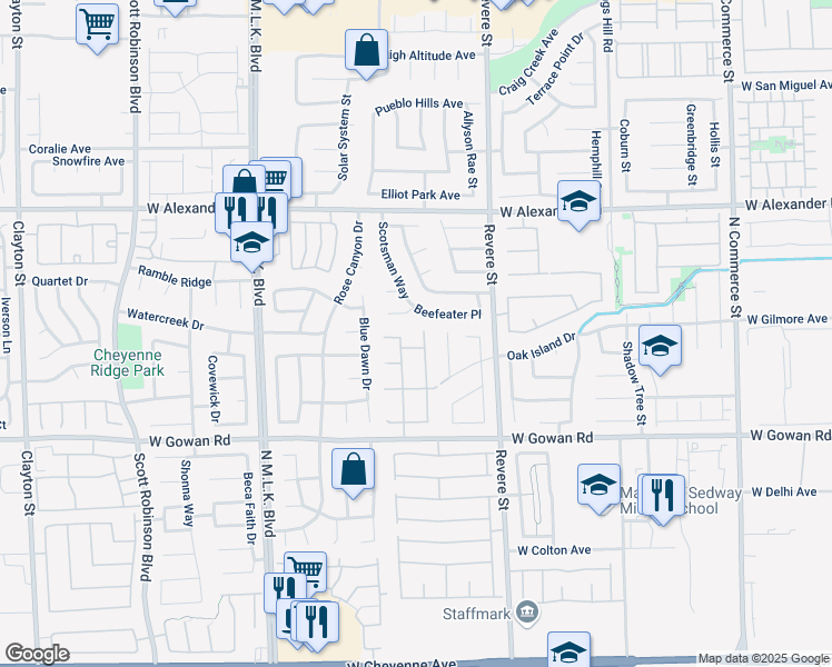 map of restaurants, bars, coffee shops, grocery stores, and more near 3743 Nairobi Lane in North Las Vegas