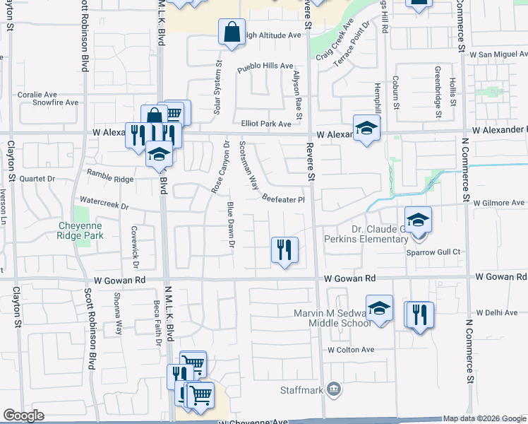 map of restaurants, bars, coffee shops, grocery stores, and more near 3743 Nairobi Lane in North Las Vegas