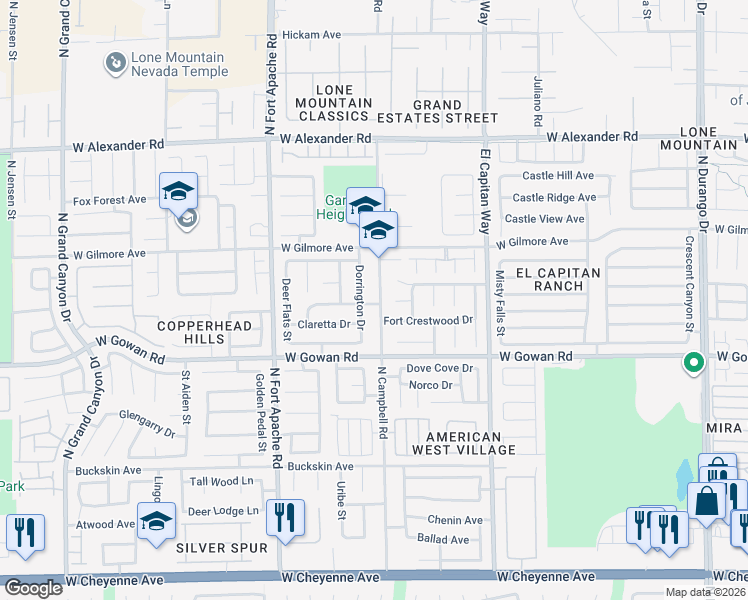 map of restaurants, bars, coffee shops, grocery stores, and more near 3709 North Campbell Road in Las Vegas