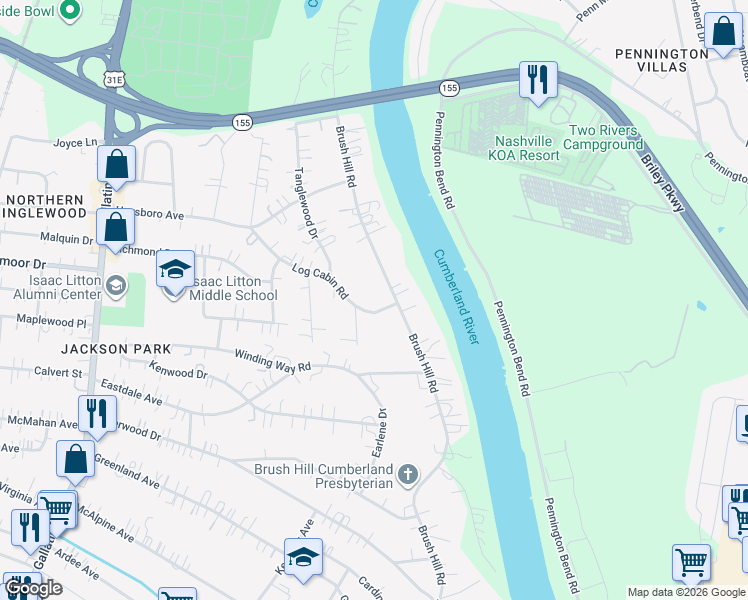 map of restaurants, bars, coffee shops, grocery stores, and more near 4602 Log Cabin Road in Nashville