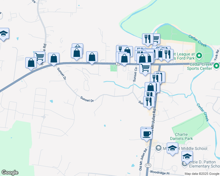 map of restaurants, bars, coffee shops, grocery stores, and more near 132 Sunset Drive in Mt. Juliet
