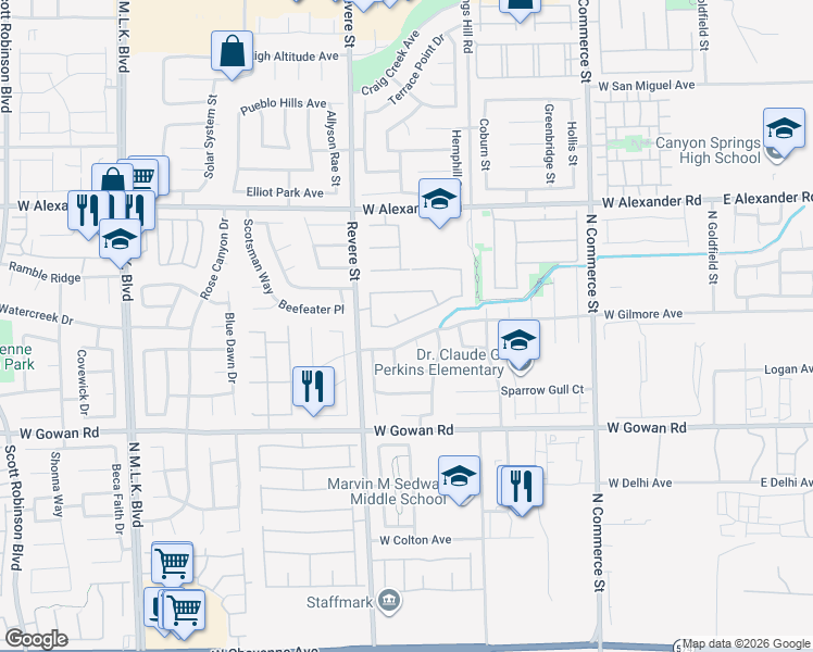 map of restaurants, bars, coffee shops, grocery stores, and more near 641 Bay Bridge Dr in North Las Vegas