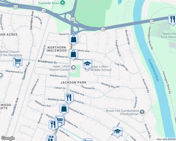 map of restaurants, bars, coffee shops, grocery stores, and more near 4601 Hedgewood Drive in Nashville