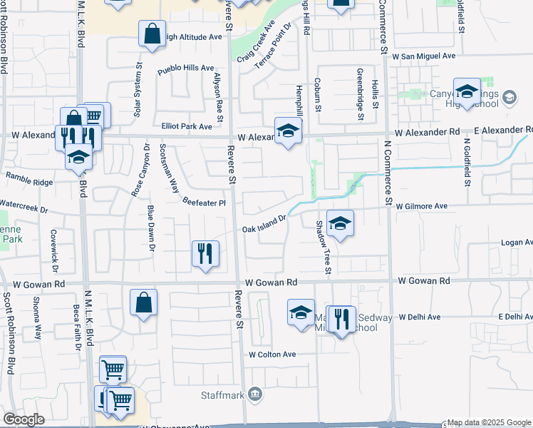 map of restaurants, bars, coffee shops, grocery stores, and more near 641 Bay Bridge Drive in North Las Vegas