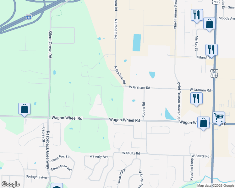map of restaurants, bars, coffee shops, grocery stores, and more near 4661 Carriage Lane in Springdale