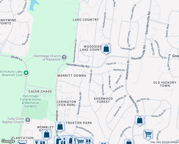 map of restaurants, bars, coffee shops, grocery stores, and more near 4844 Rainier Drive in Nashville
