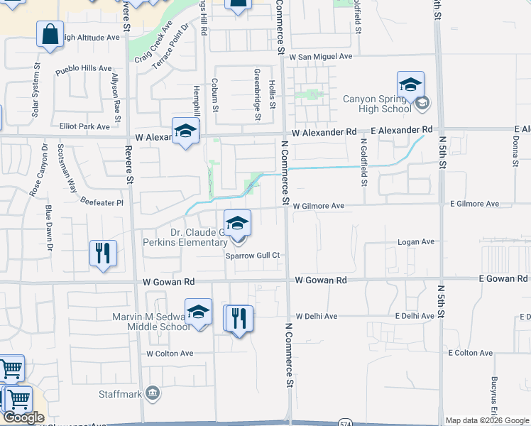 map of restaurants, bars, coffee shops, grocery stores, and more near 3740 Sorrowing Sparrow Court in North Las Vegas