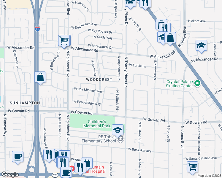 map of restaurants, bars, coffee shops, grocery stores, and more near 6424 West Dearborn Court in Las Vegas