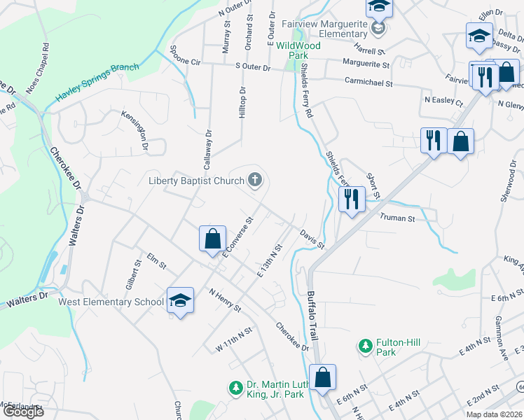map of restaurants, bars, coffee shops, grocery stores, and more near 1332 Davis Street in Morristown