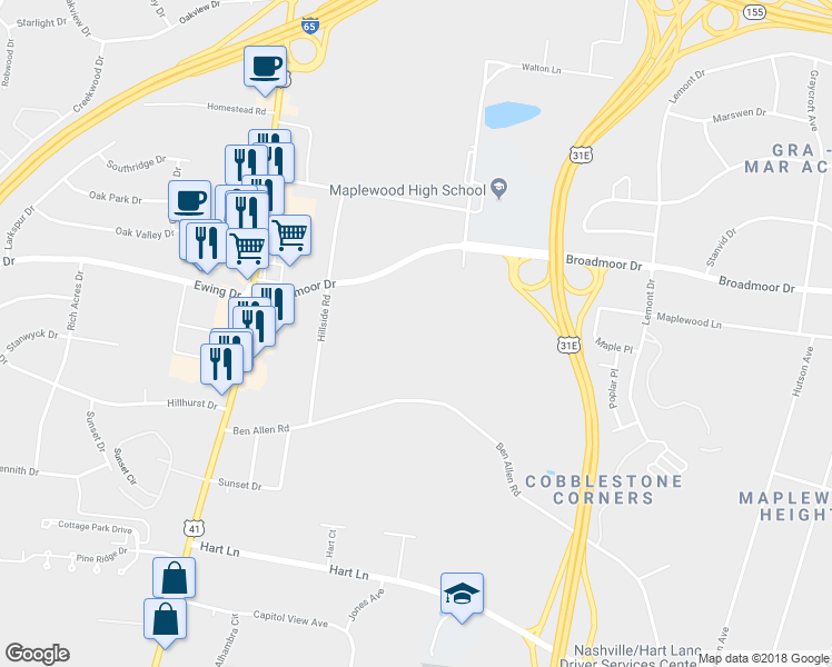 map of restaurants, bars, coffee shops, grocery stores, and more near 225 Ben Allen Road in Nashville