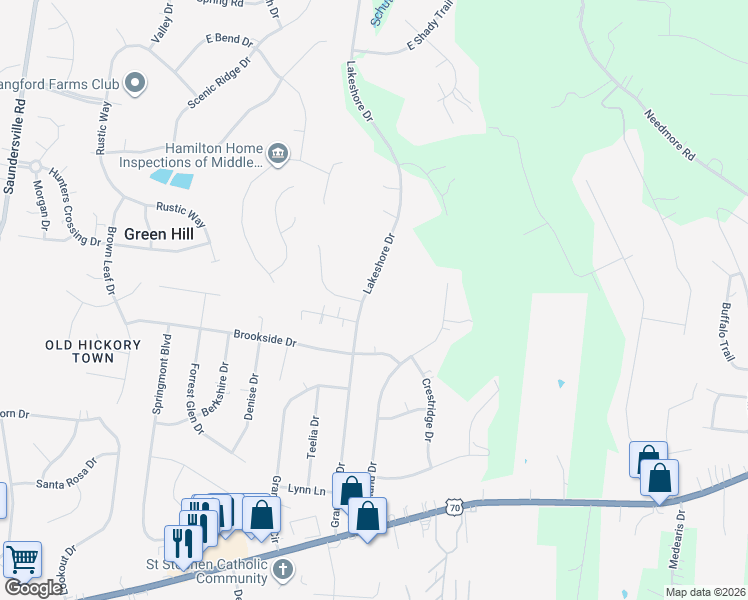 map of restaurants, bars, coffee shops, grocery stores, and more near 595 Lakeshore Drive in Green Hill