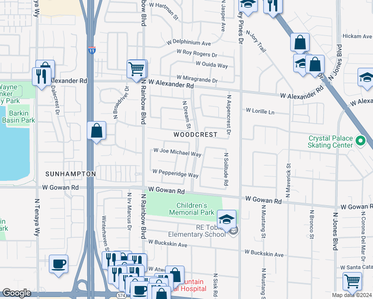 map of restaurants, bars, coffee shops, grocery stores, and more near 6536 West Joe Michael Way in Las Vegas