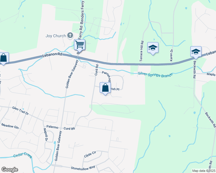 map of restaurants, bars, coffee shops, grocery stores, and more near 208 Parrish Place in Mount Juliet