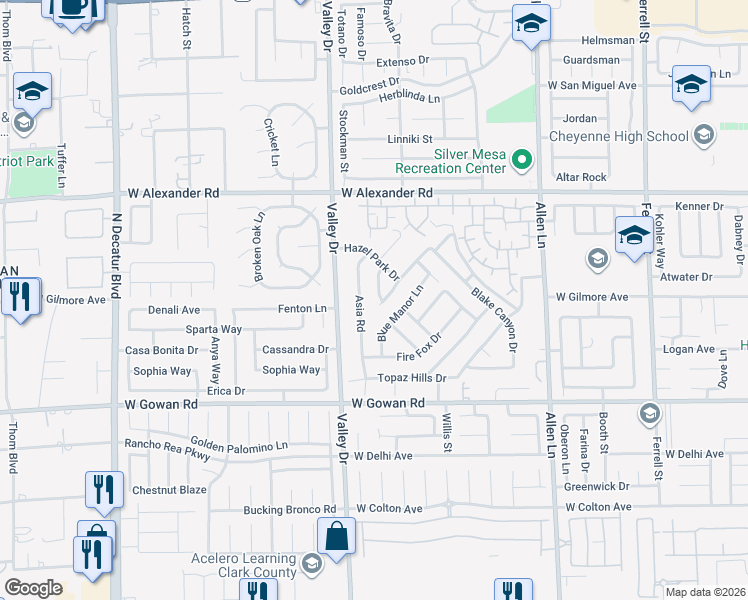 map of restaurants, bars, coffee shops, grocery stores, and more near 3742 Asia Road in North Las Vegas