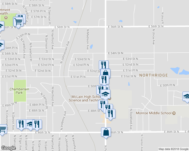 map of restaurants, bars, coffee shops, grocery stores, and more near 1040 East 51st Place North in Tulsa