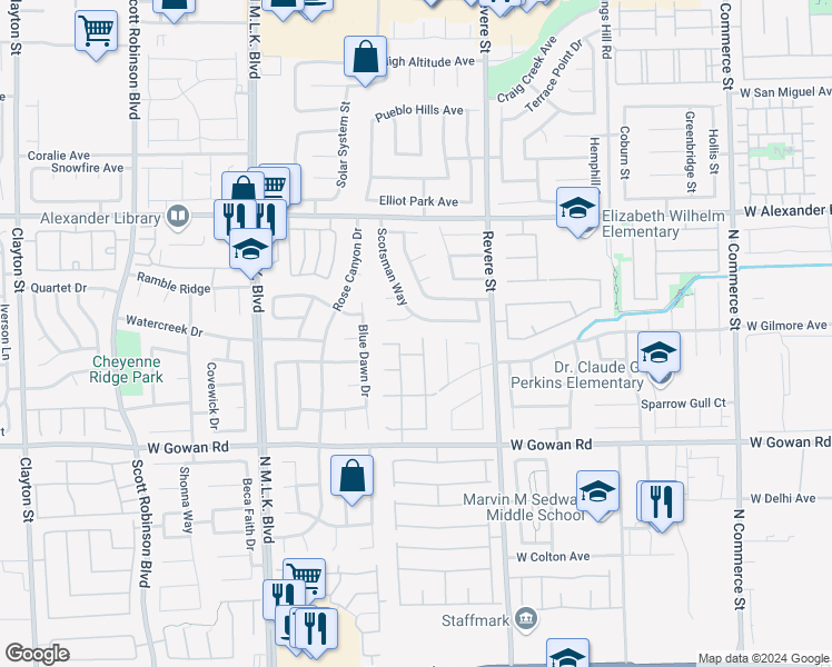 map of restaurants, bars, coffee shops, grocery stores, and more near 3747 Nairobi Lane in North Las Vegas
