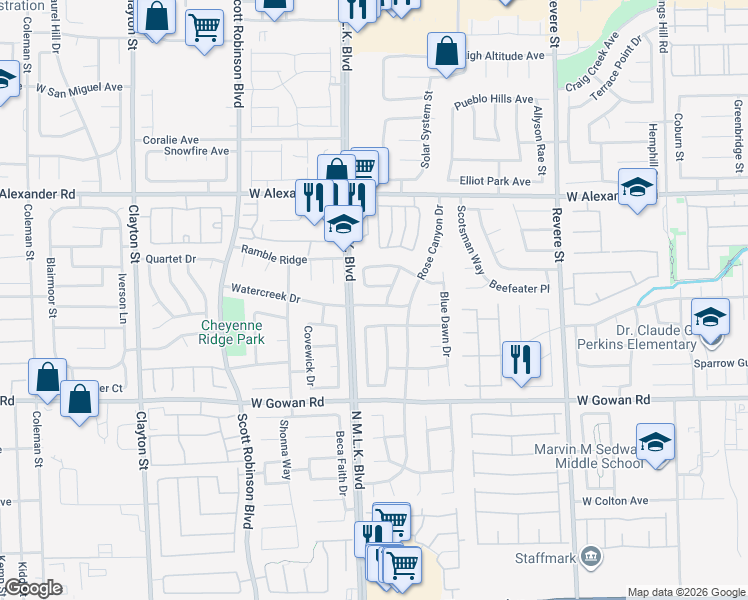 map of restaurants, bars, coffee shops, grocery stores, and more near 1441 Watercreek Drive in North Las Vegas
