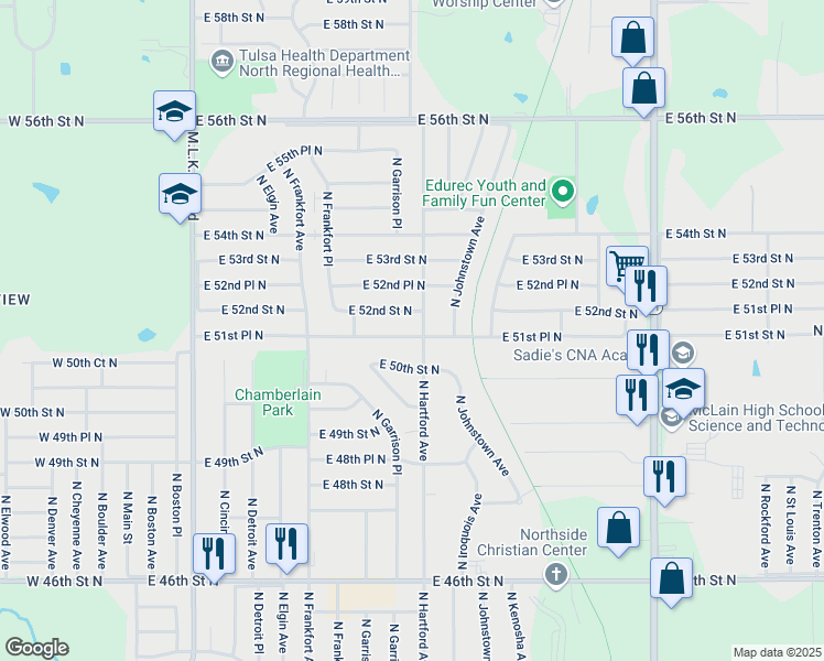 map of restaurants, bars, coffee shops, grocery stores, and more near 651 East 51st Place North in Tulsa