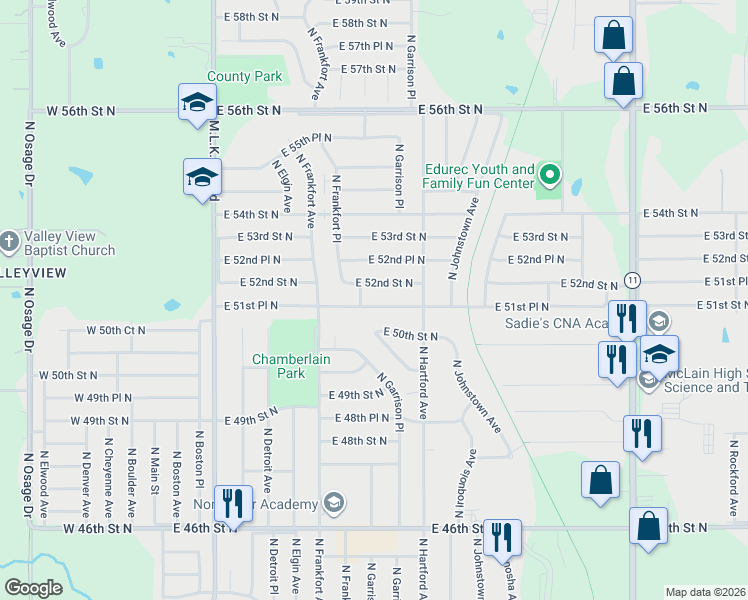 map of restaurants, bars, coffee shops, grocery stores, and more near 618 East 51st Place North in Tulsa