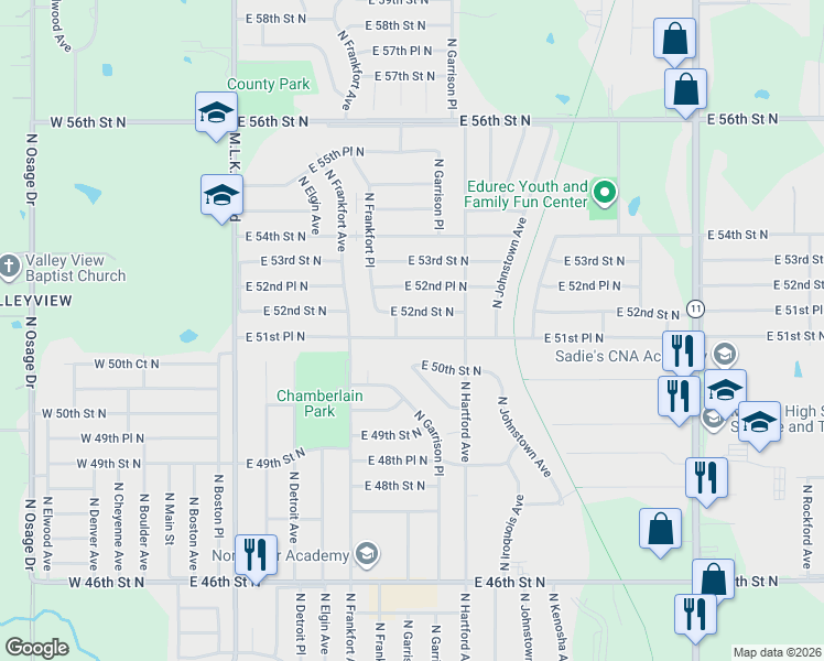 map of restaurants, bars, coffee shops, grocery stores, and more near 618 East 51st Place North in Tulsa