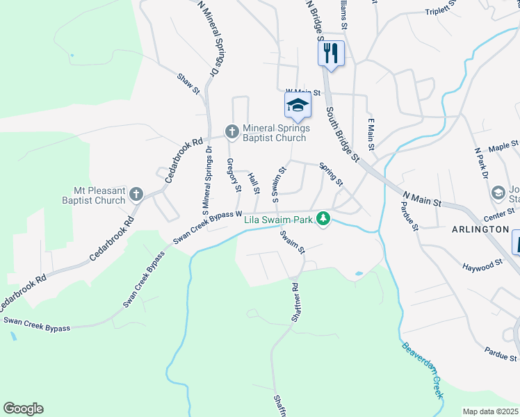map of restaurants, bars, coffee shops, grocery stores, and more near 233 Hall Street in Jonesville
