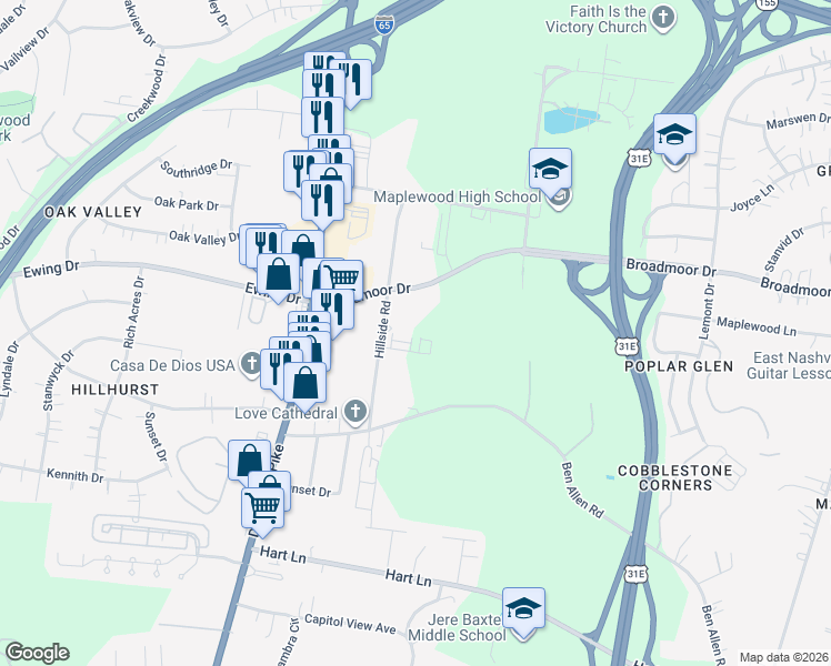 map of restaurants, bars, coffee shops, grocery stores, and more near 3043 Hillside Road in Nashville