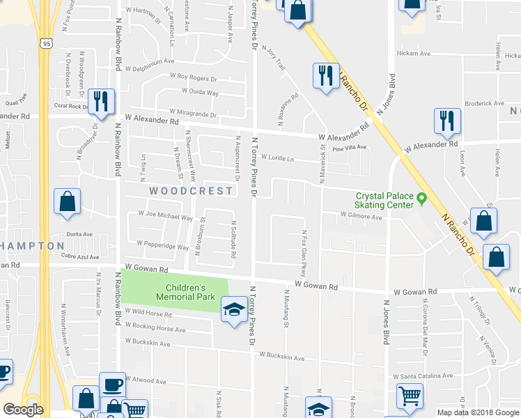 map of restaurants, bars, coffee shops, grocery stores, and more near 3757 North Torrey Pines Drive in Las Vegas