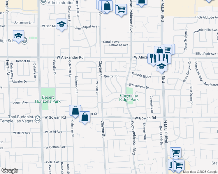 map of restaurants, bars, coffee shops, grocery stores, and more near 3820 Debussy Way in North Las Vegas
