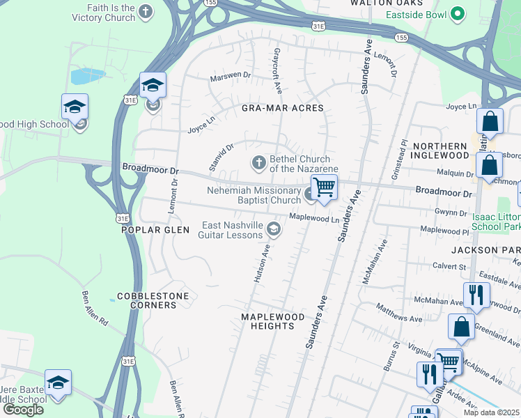 map of restaurants, bars, coffee shops, grocery stores, and more near 4301 Graycroft Avenue in Nashville