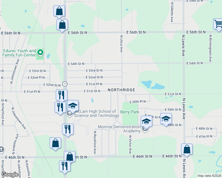 map of restaurants, bars, coffee shops, grocery stores, and more near 1562 East 51st Street North in Tulsa