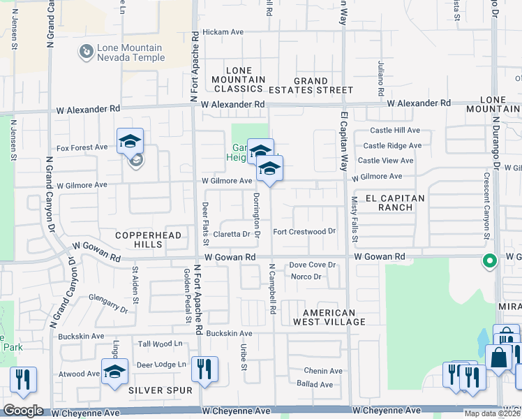 map of restaurants, bars, coffee shops, grocery stores, and more near 3709 North Campbell Road in Las Vegas