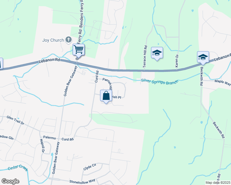 map of restaurants, bars, coffee shops, grocery stores, and more near 212 Parrish Wood in Mt. Juliet