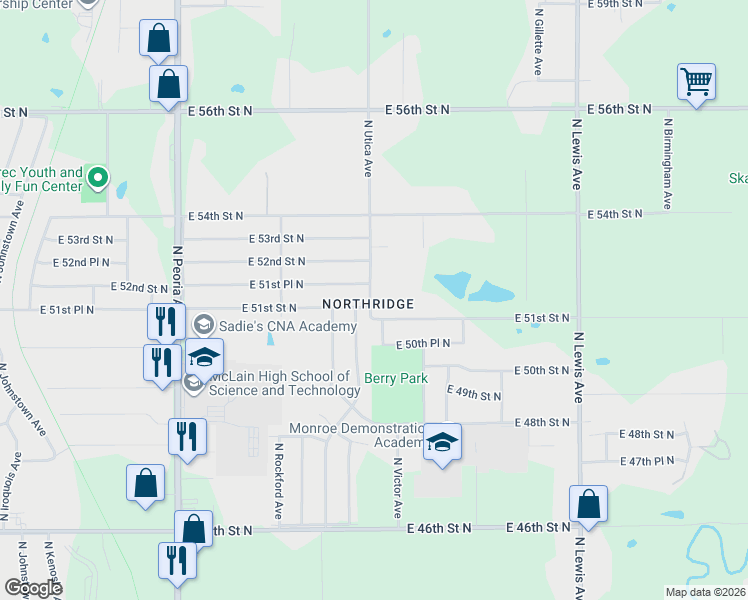 map of restaurants, bars, coffee shops, grocery stores, and more near in Tulsa