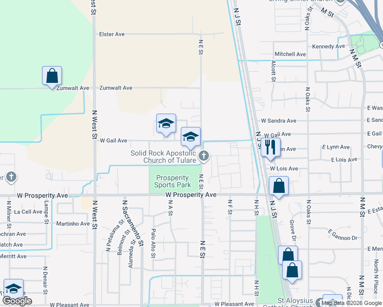 map of restaurants, bars, coffee shops, grocery stores, and more near 801 West Gail Avenue in Tulare