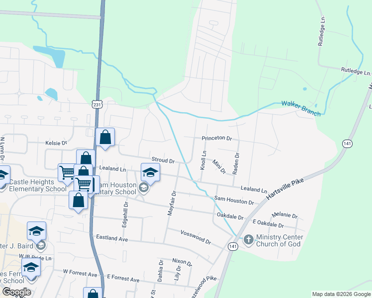map of restaurants, bars, coffee shops, grocery stores, and more near 1315 Stroud Drive in Lebanon